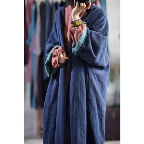 Women Loose Patchwork Cotton Linen Autumn Trench Coat Outerwear Ladies Vintage Plus Size Long Coat Female 2020 V Neck Topcoat