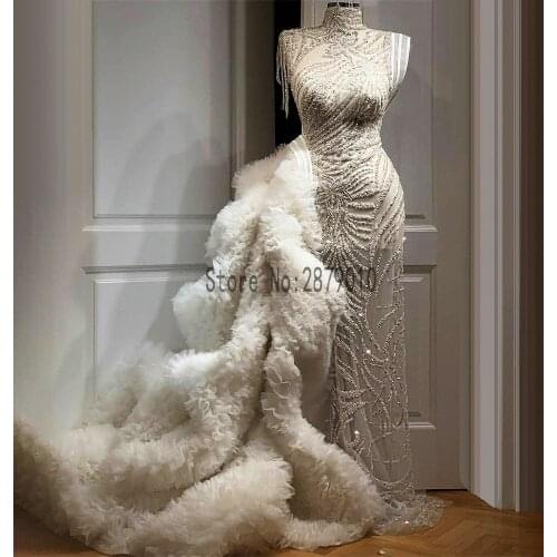 Ivory High Neck Evening Dresses with Detachable Ruffles Train Luxury Beading Straight Evening Gowns Long Formal Dress