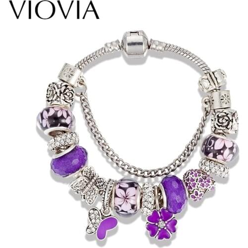 VIOVIA 2019 Fashion DIY Handmade Flower Charms Bracelet with Crystal Glass Beads Snake Chain Bracelet for Women Pulsera B16072