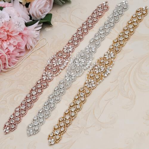 WENXI (5pcs) Handmade Clear Rose Gold Crystal Rhinestones Appliques Banding Sew On For Wedding Dress Sash WX829
