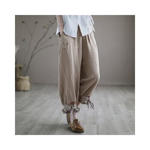Women Pants 2021 Summer Retro Loose Casual Trousers Ladies New Elastic Waist pocket lace Vintage Pants