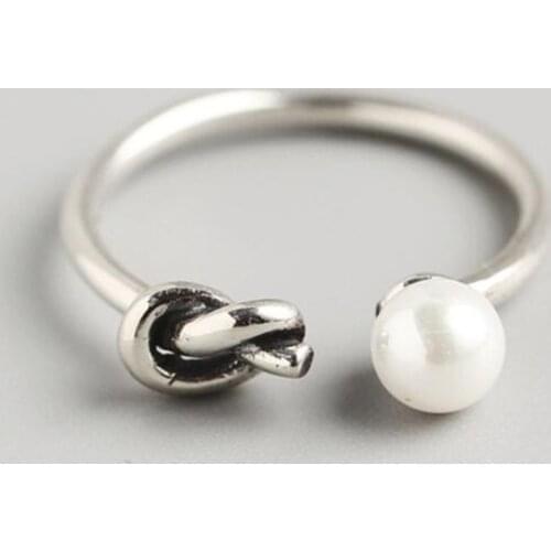 Retro 925 Sterling Silver Asymmetric Single Knotted and Pearl Open Rings for Women 2021 Trend Mujer Jewelry Dating Rings SR311