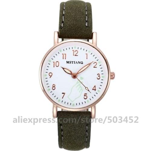 100pcs/Lot Casual Women Watches Cute Finger Heart Luminous hands Round Dial Leisure Wristwatch Classic Leather Strap Watch