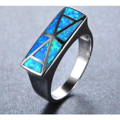 Exquisite Rectangle Geometric Blue Imitation Fire Opal Ring For Women Accessories Fashion Jewelry Vintage Party Gift