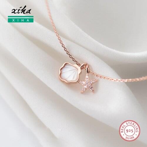Rose Gold Color Shell Sea Star CZ Crystal Necklaces for Women Brides 925 Sterling Silver Choker Penant Necklace for Girls Teens