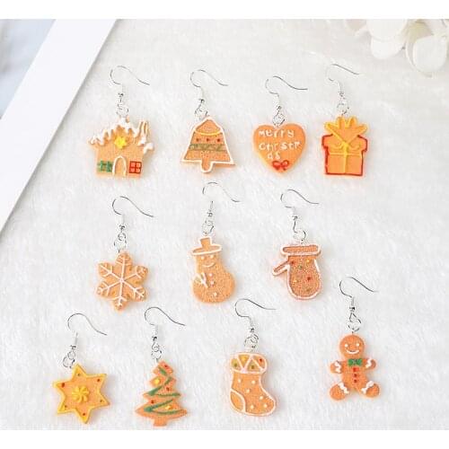 1Pair Drop Earrings Cute Christmas Cookies Flatback Resin Earrings Sown Earring Jewelry Party Gifts For Woman And Children