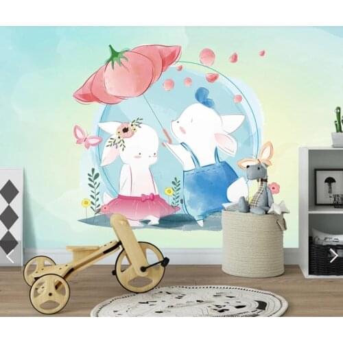 3D Carton Rabbit Umbrella Butterfly Wallpaper Mural Kids Bedroom Wallpapers for Children Room Wall Paper Contact Paper Murals