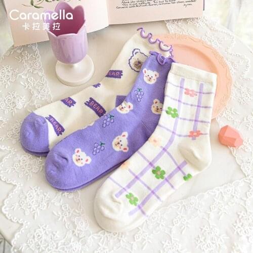 Caramella 2020 New Cotton Women Socks 3Pairs/lot Purple Flower Sweet Girls Socks Cute Bear Short Socks Flower Female Socks