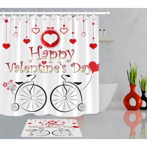 Valentines Day Waterproof Shower Curtain Red Heart Rose Romantic Polyester Fabric Bathroom Curtain Set With Bath Mat Home Decor