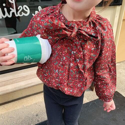 DFXD Floral Bow Collar Kids Girl Full Sleeve Blouses Shirts 2020 Autumn 100% Cotton Single-breasted Shirts Party Toddler Tops