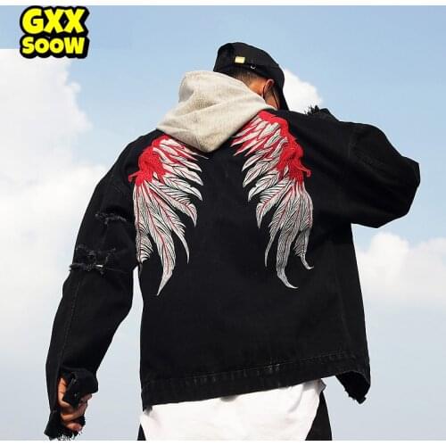 Men Brand Black Hole Distressed Denim Jackets Mens High Street Wing Embroidery Jeans Jacket Coat Men Hip Hop Streetwear GW359