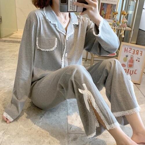 Fdfklak Cotton Pyjamas Long-Sleeved Trousers Pajamas Household Suit M-XXL Plus Size Comfortable Lace Sleepwear Set Clothes