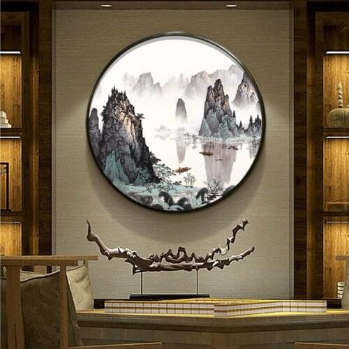 Chinese Round Wooden-frame Canvas Painting Poster Pictures Landscape Ink Painting Home Decor Buddhist Mood Wall Art Poster
