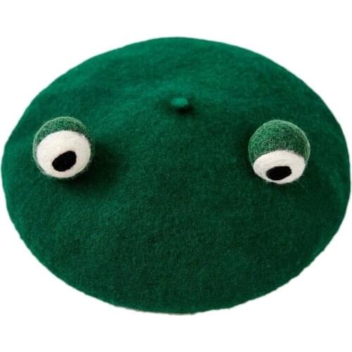 L93F Women Cute Green Frog Eyes Beret Winter Faux Wool Kawaii Painter Beanie Hat