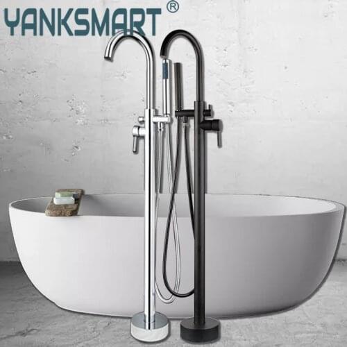 Matte Black Bathtub Filler Shower Floor Mounted Roman Tub Faucet Set Free Standing Bathtub Round Spout Bath Mixer Tap