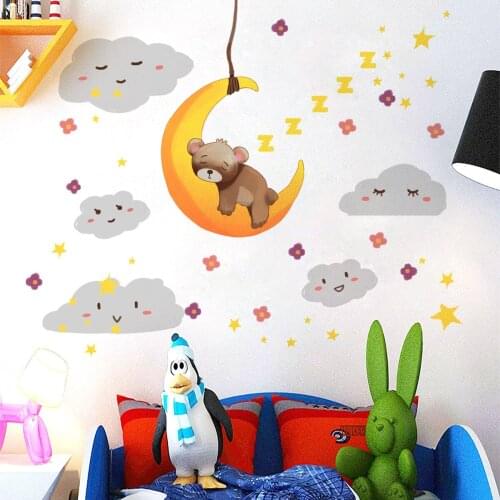 Cartoon Wall Stickers Kids Room Decor Aesthetic Clouds Moon Bear Wall Decals Children Bedroom Nursery Decoration Wallpaper Mural