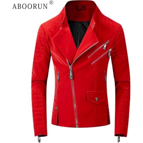 ABOORUN Mens Punk Leather Jackets Skinny Motorcycle Leather Jackets Brand Velvet Biker Coat for Male