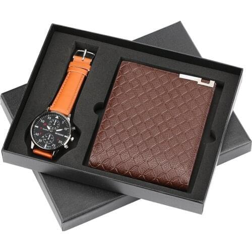 Simple Design Men Watch Leather Band Quartz Wrist Watch for Boy Boyfriend Wallet Gift Set with Coins Bag Reloj Masculino Clock