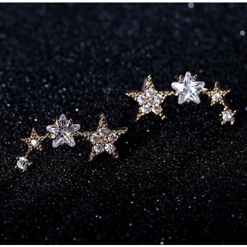 Prevent Allergy 925 Silver Pin Earrings Gold Color Full Pave Cubic Zirconia Crystals 4 Stars Earrings Studs Jewelry for Women