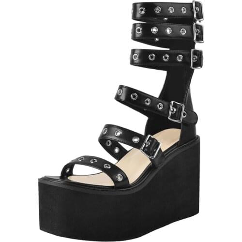 Richealnana Summer Platform Sandals Women Wedges Round Toe Matte Black Cover Heel Rivet Ankle Buckles Hollow Zipper Big Size