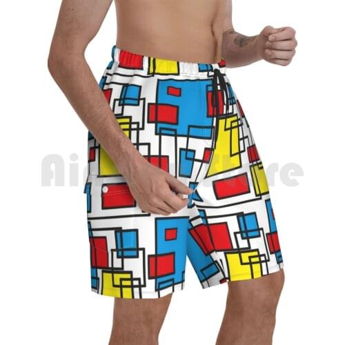 Blue , Red And Yellow Geometric Seamless Pattern On White Beach Shorts Men Beach Pants Swim Trunks Abstract Artistic