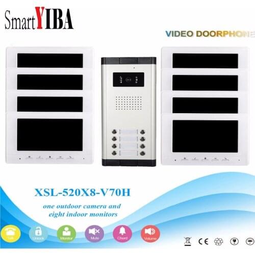 SmartYIBA 7''Inch Wired Color Video Door Phone Video Doorbell Intercom System Kit Set 8 monitors+1 IR camera with 8 buttons