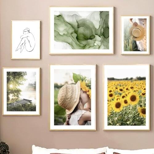 Nordic Posters And Prints Sunflowers Naked Girl Tree Sunshine Green Abstract Art Canvas Painting Wall Pictures Living Room Decor