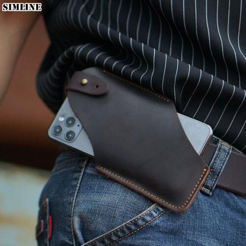 SIMLINE Genuine Leather Waist Cellphone Bag For Men Male Vintage Travel Sport Portable Mobile Phone Cover Case Holder Holster
