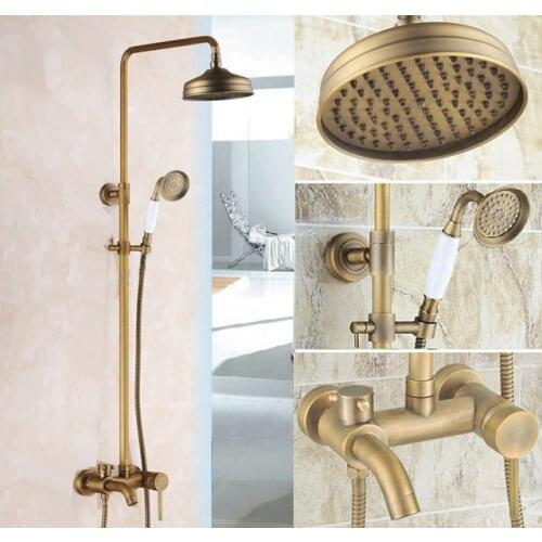 Vintage Retro Antique Brass Single Handle Bathroom 8 Inch Round Rain Shower Faucet Set Bath Tub Mixer Tap Hand Shower mrs183
