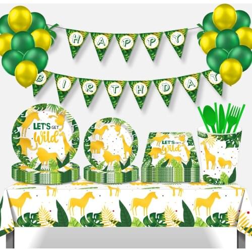 Green Jungle Theme Happy Birthday Wild One Party Theme Disposable Tableware Sets for Lets Party Baby Shower Party Decoration