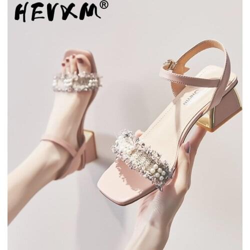 5CM 2021 Summer Fashion Thick Heel Shallow Mouth Women Sandals Pearl Word with Open Toe High Heel Womens Shoes TWS