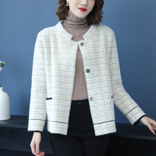Faux mink velvet sweater jacket women autumn and winter Korean version 2021 new autumn short wild plaid knitted cardigan