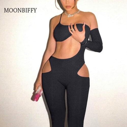 Women Sexy Hollow Out Fitness Jumpsuit One Shoulder Solid Elastic Activewear Slim Sporty Streetwear Rompers Outfits