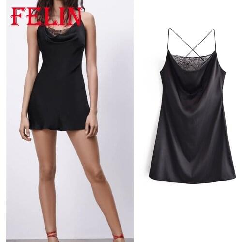Women Sexy Lace Mini Party Dress Za Fashion 2021 Solid Black Silk Backless Cami Dresses Female High Street Mujer Vestidos