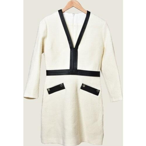 Autumn and Winter Womens Deep V Neck Office Ladies Pocket Dress French Luxury Brand Office Clothes Woven Mini Casual Dress