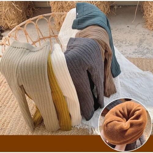 Winter Kids Plus Velvet Leggings Baby Girls Solid Elasticity Warm Pants Korean Thicken Knitted Leggings Trousers for Girl 2-8 Y