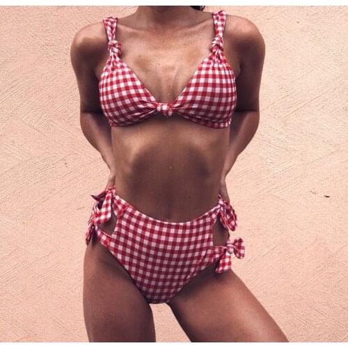 2020 new European and American explosions sexy knotted dot high waist split bikini swimsuit women