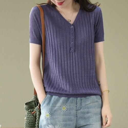 2021 Women Plus Size Ice Silk Clothes Tops Slim Vintage V-neck T-shirts Short Sleeve Baju Kemeja Knitted Casual Tees Tops L30