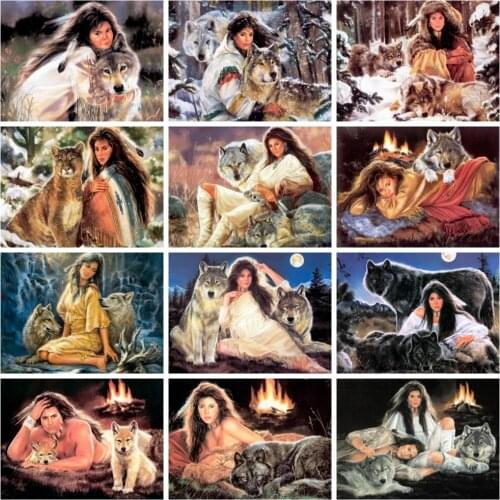 Huacan Diamond Embroidery Mosaic Wolf Woman 5d Diamond Painting Animal Portrait Home Decor Wall Stickers