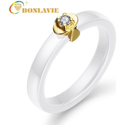 BONLAVIE New Zircon Ceramic Rings Wome Ladies Fashion Stainless Steel Inlaid Cubic Zirconia Geometric White Black Rings