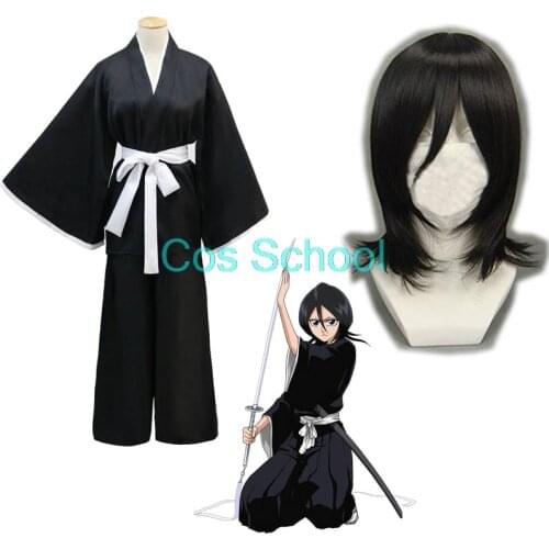 Cos School Bleach Kuchiki Rukia Cosplay Costume Rukia Kuchiki Wigs and Kimono Uniform Sets Die Pa Bleach Costumes
