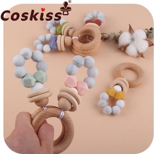 Coskiss Food Grade Silicone Beads Baby Teether Beech Wood Ring Teething Newborn Bracelet Play Gym Silicone Teether Toys