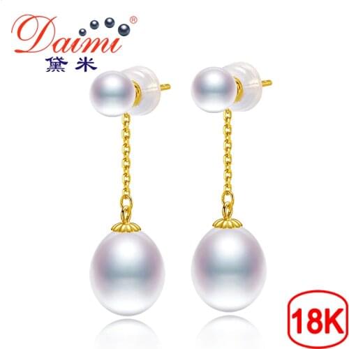 DAIMI 18K Gold Earrings 3-4mm Tiny Studs with 6-7mm Pearl Dangle Earrings 2019 Pearl Earrings For Women