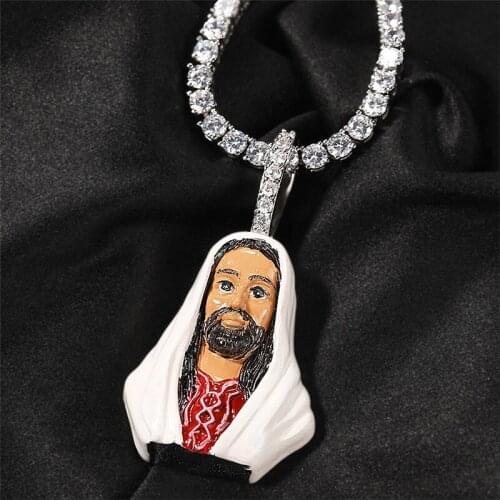 Enamel Jesus Pendant Hip Hop Necklace With Chain 2 Colors Bling Cubic Zirconia Jewelry For Men Women