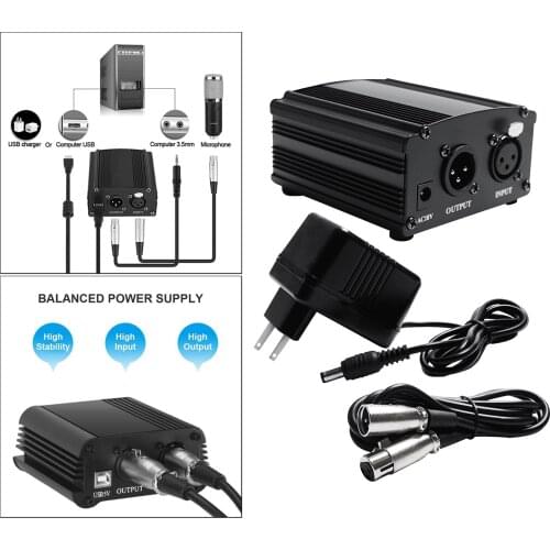 48V Phantom Power Supply Powered+XLR 3 Pin Cable for Condenser Microphone,Music Recording Equipment