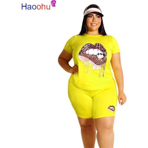 HAOOHU Plus Size XL-5XL 2020 Summer Women Sets Tracksuits Short Sleeve Top Pants Suit Two Piece Set Print Casual Fitness Outfits