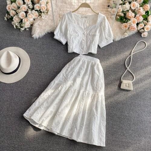 High waist slimming cover hips mid-length over-the-knee white skirt two-piece suit Western style short jacquard shirt