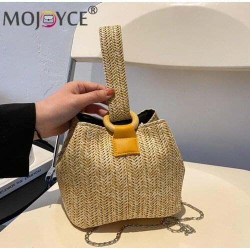 Small Beach Handbags Women Summer Bags Fashion Women Straw Woven Shoulder Bucket Casual Chain Small Crossbody Bags