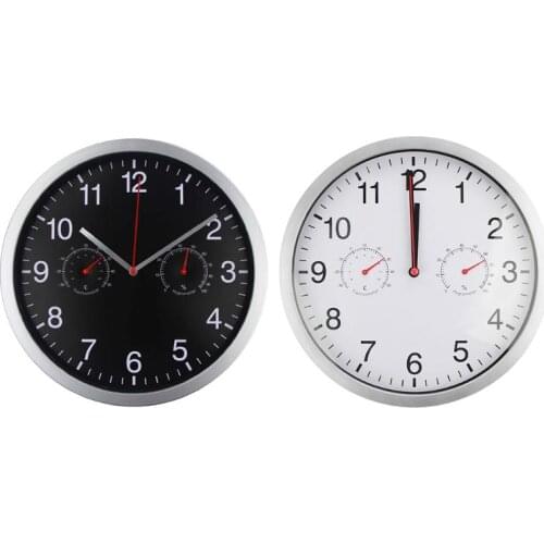 Metal Silent Quartz Wall Clock Quiet Sweep Movement Thermometer Hygrometer H58C