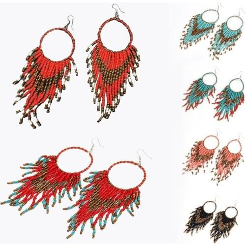Fashion Women Beads Tassel Long Earrings Bohemian Circle Drop Dangle Earring Statement Fringe Boho Ethnic Earrings Jewelry Gypsy